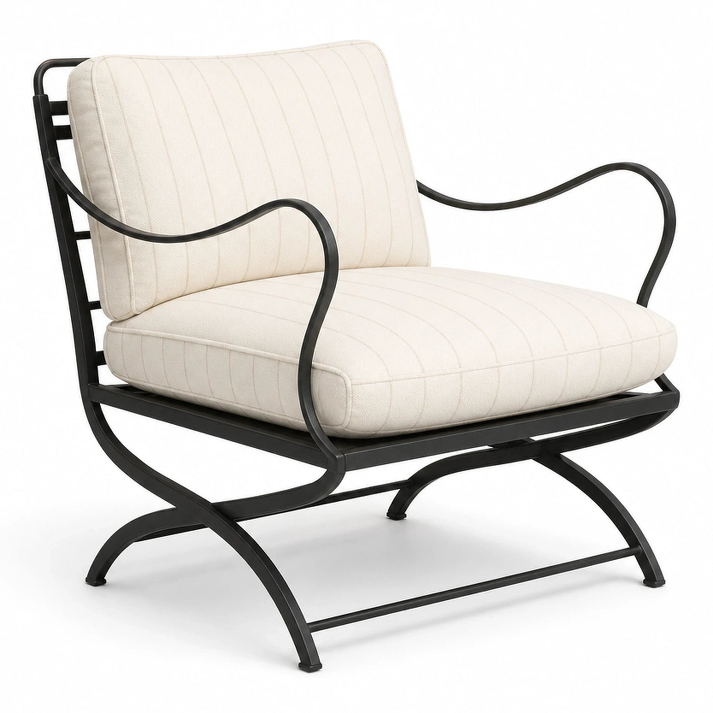 Black Metal Frame Lounge Chair with Cream Striped Cushions