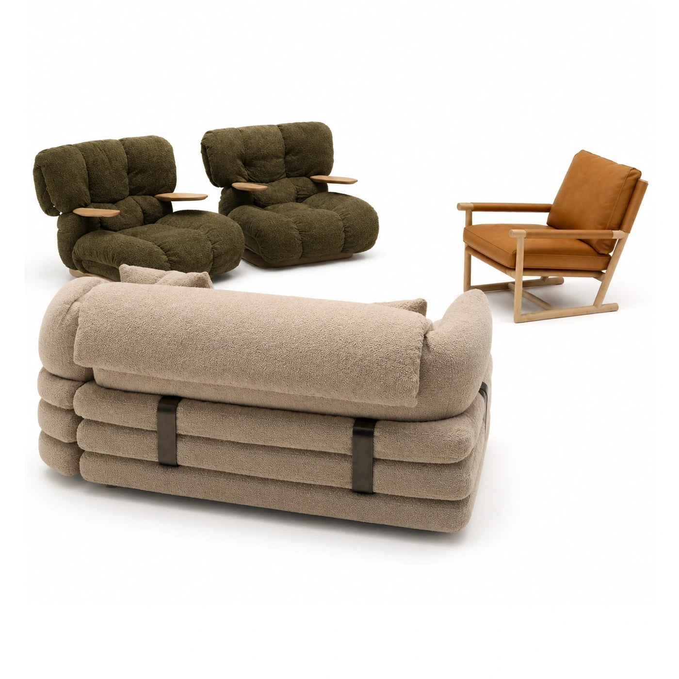 Modular Boucle Sofa Set with Wooden Armchairs