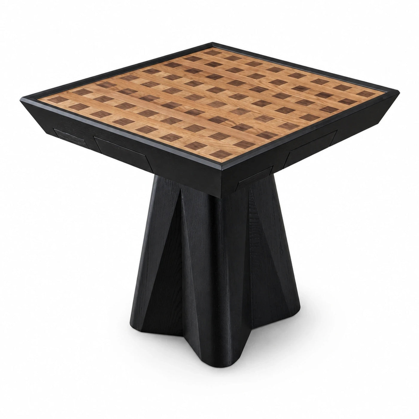 Black Wood Side Table with Checkerboard Inlay Top