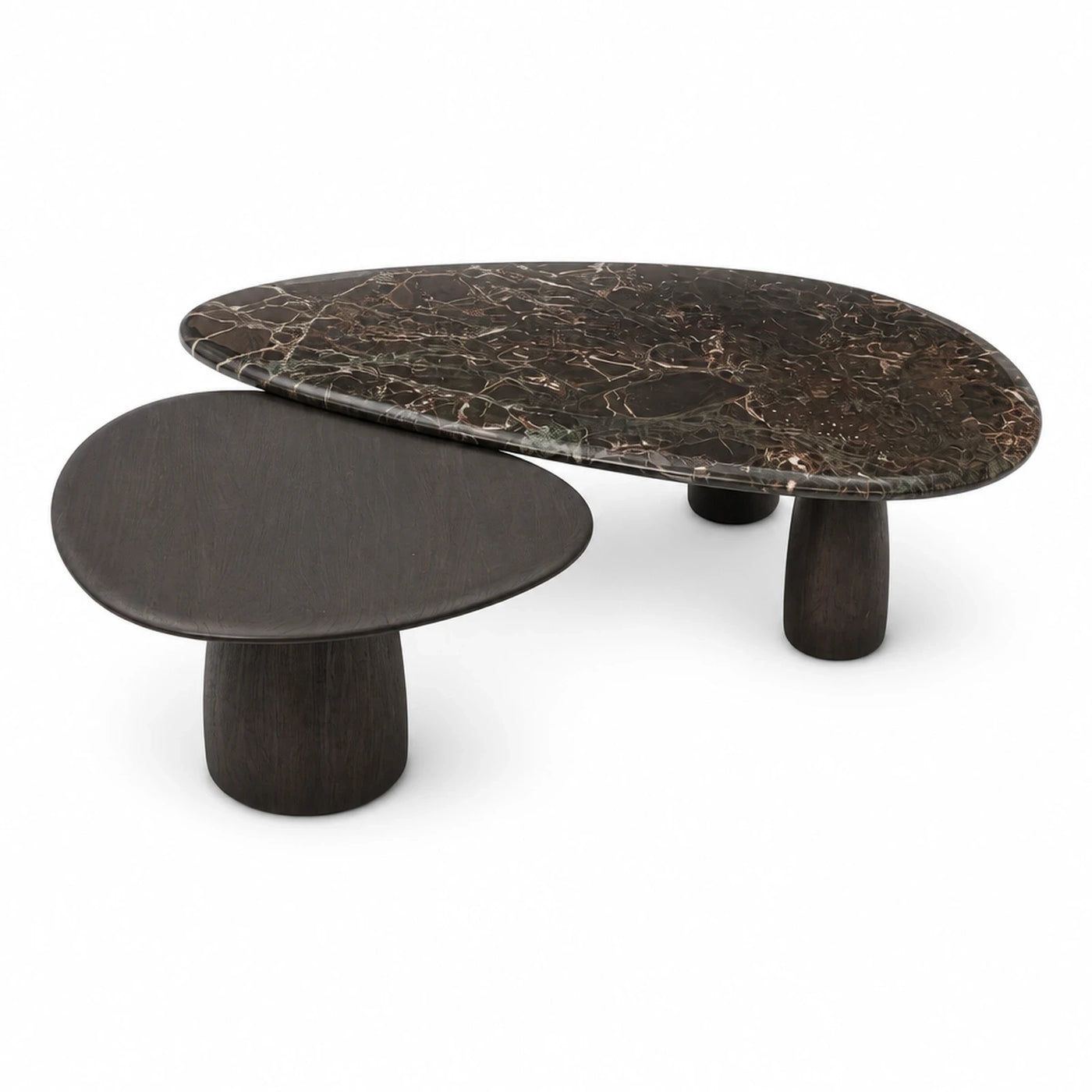 Black Linear Dark Marble and Wood Oval Coffee Table Set Coffee Tables & End Tables