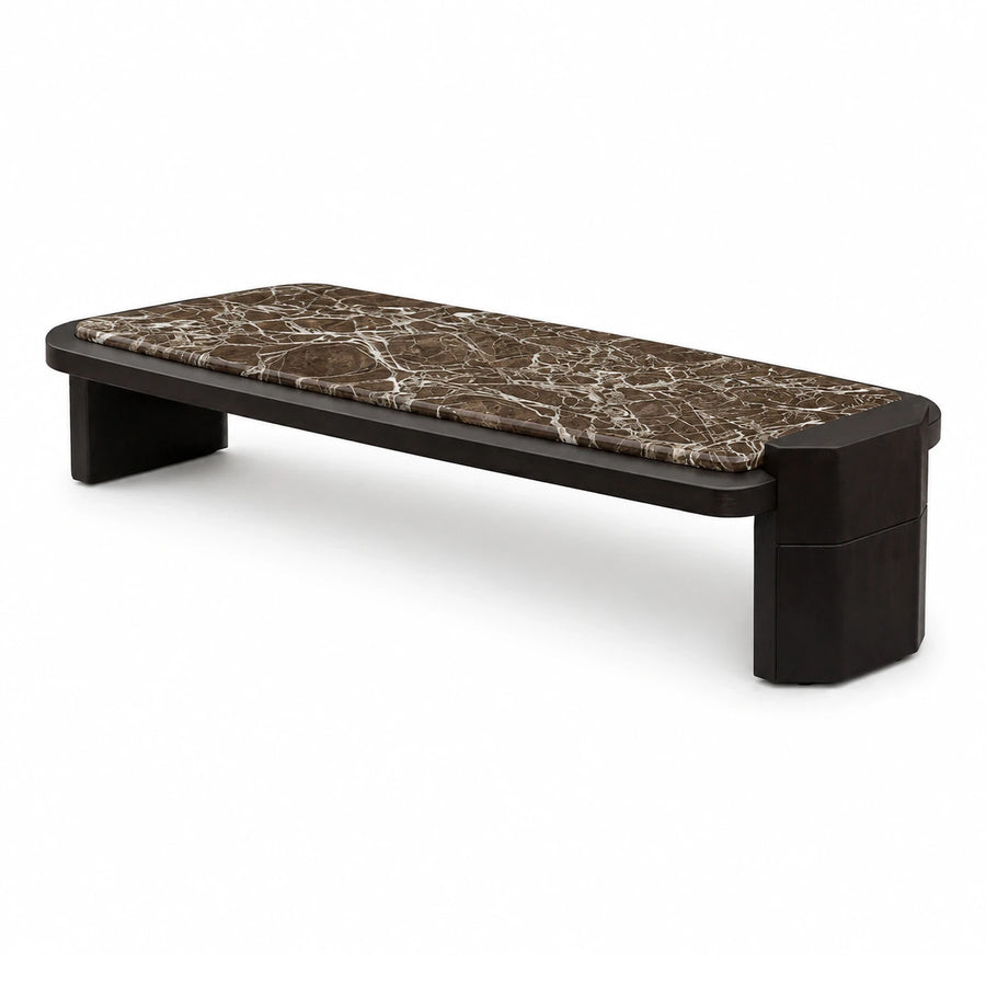Linear Dark Wood Bench with Brown Marble Top