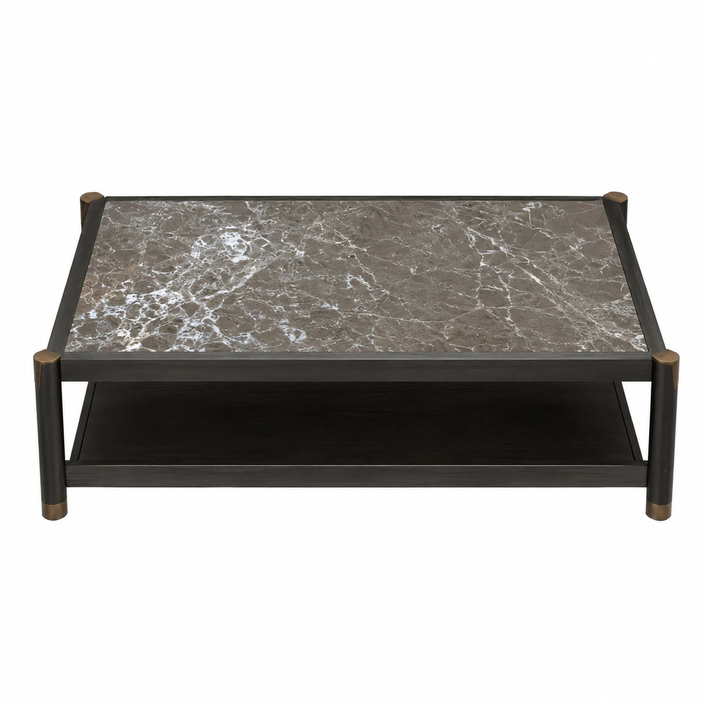 Rectangular Marble Top Coffee Table with Dark Wood Frame and Brass Accents
