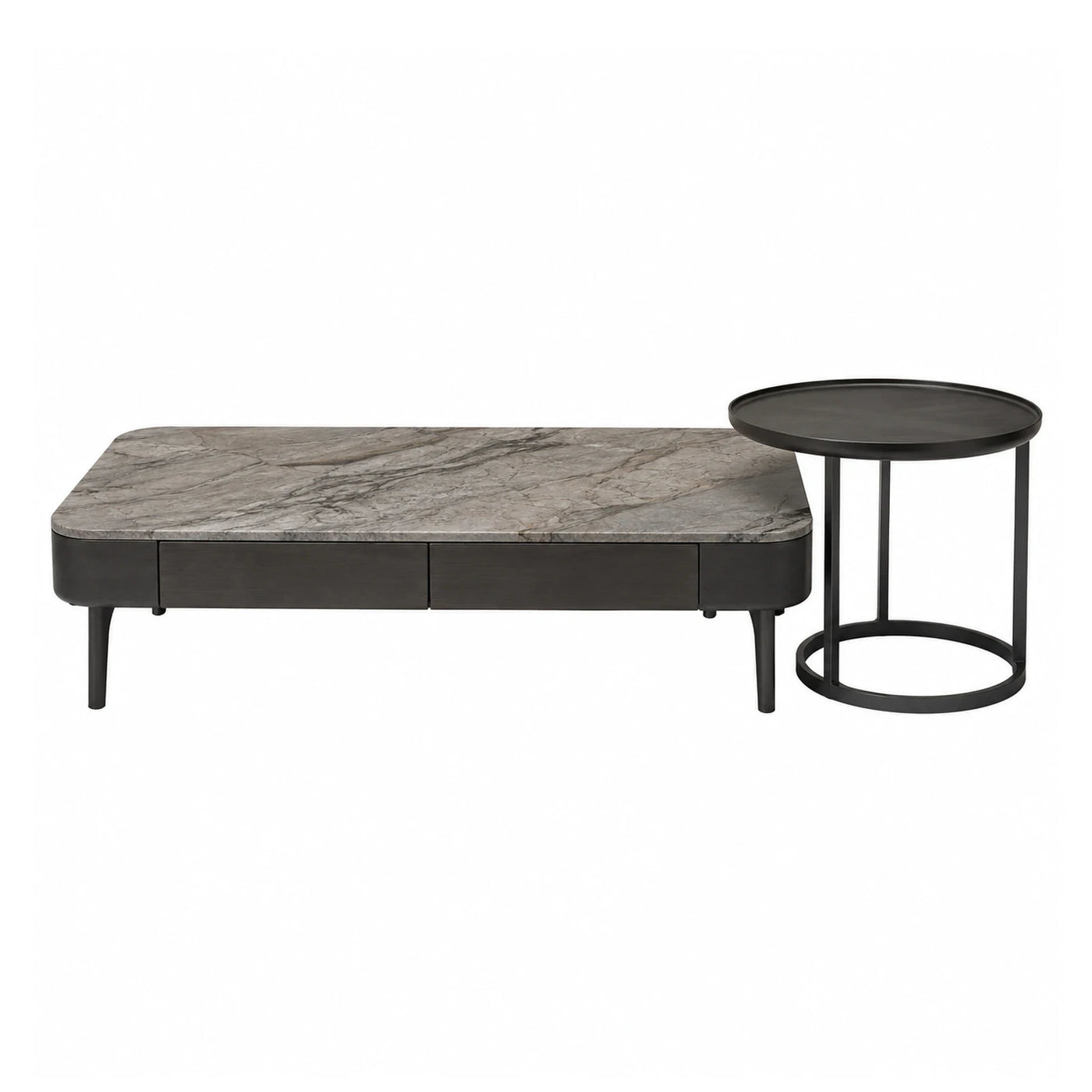 Grey Marble Top Coffee Table with Black Metal Side Table