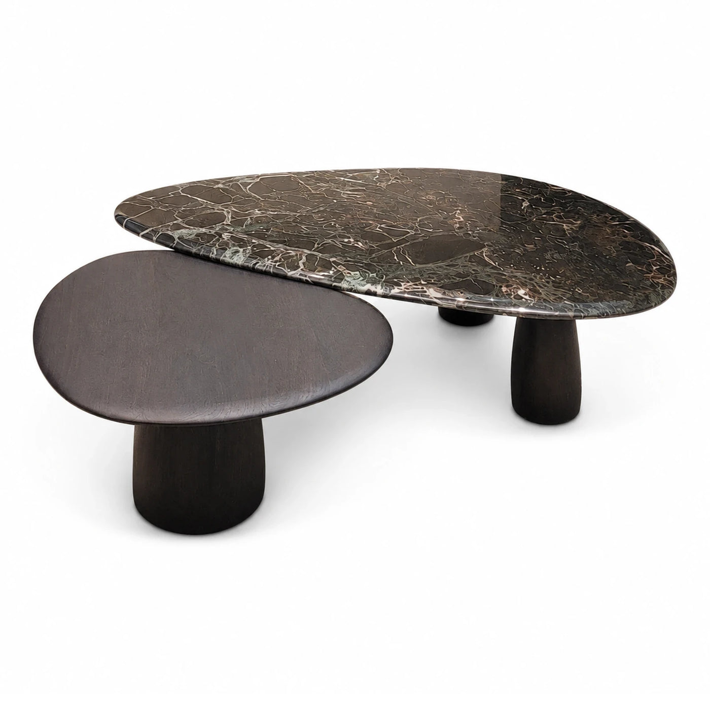 Black Wide Plank Dark Marble and Wood Oval Coffee Table Set Coffee Tables & End Tables