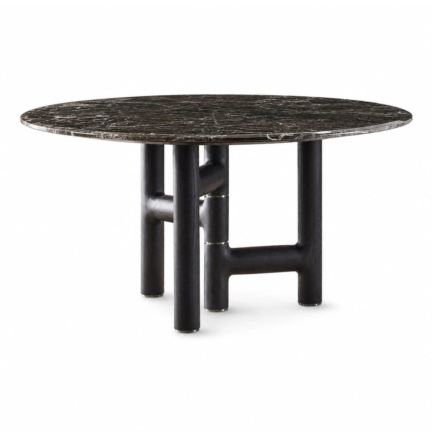 Round Black Marble Dining Table with Dark Wood Base