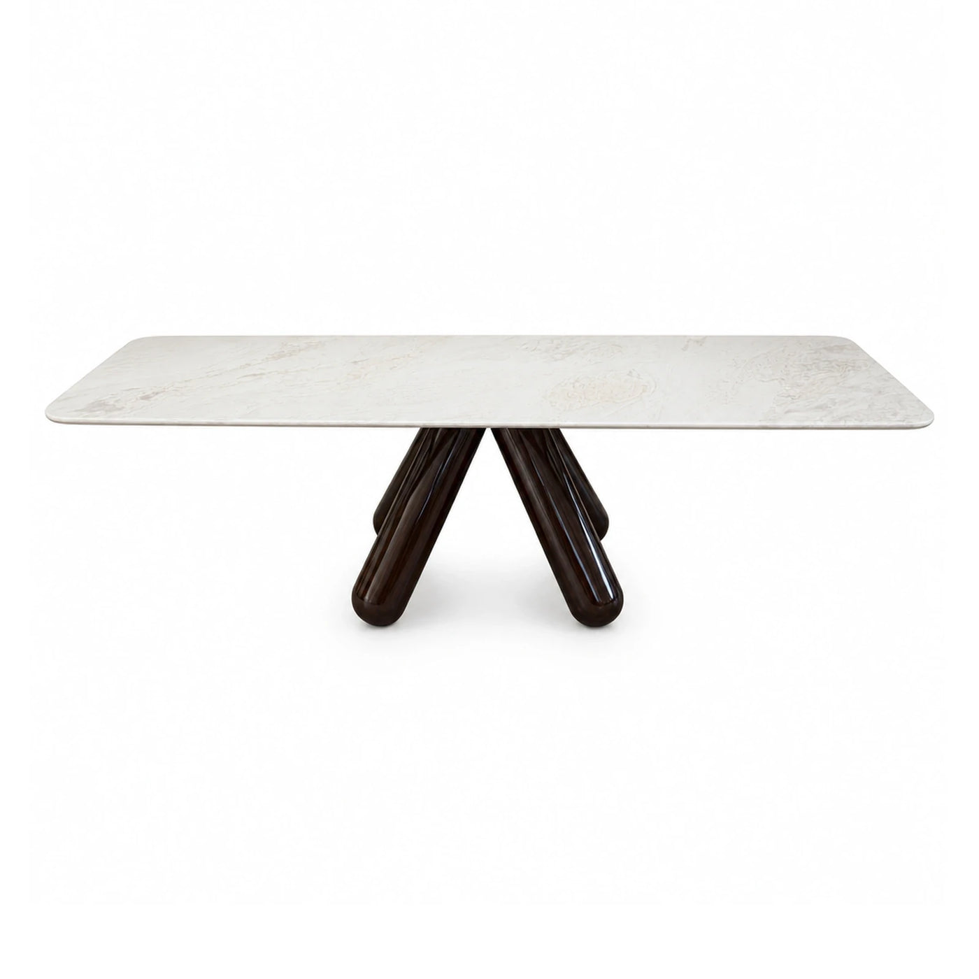 Wide Plank White Marble Top Dining Table with Dark Wood Base Dining Tables & Seating