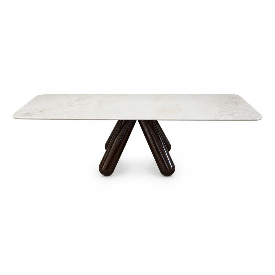 Wide Plank White Marble Top Dining Table with Dark Wood Base Dining Tables & Seating