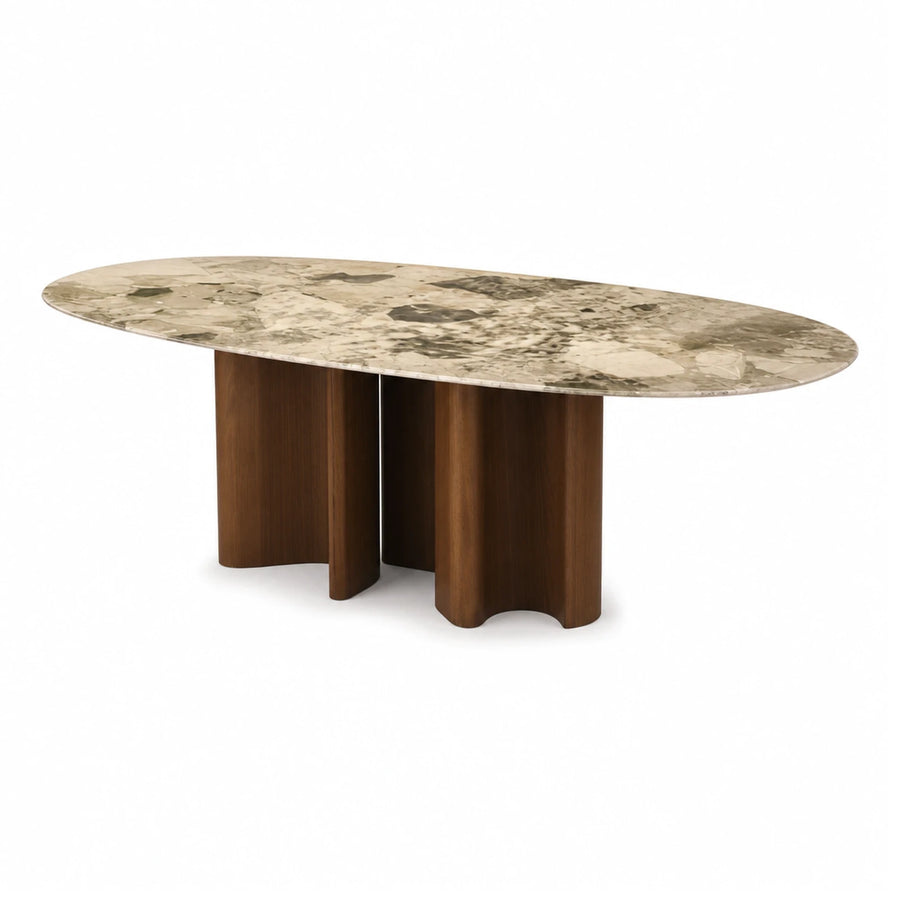 Oval Marble Top Dining Table with Wooden Base