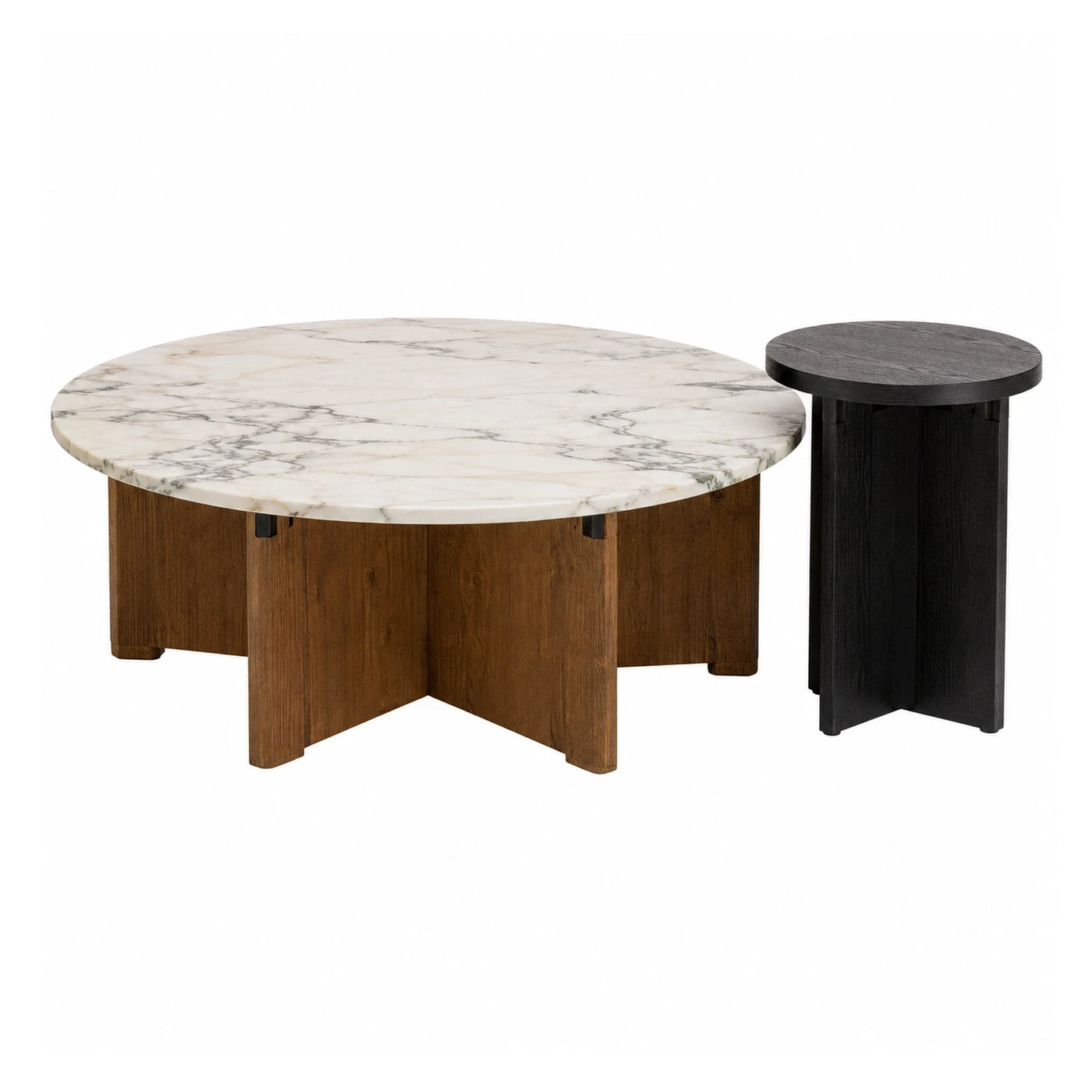 Round Marble Top Coffee Table Set with Wood Base