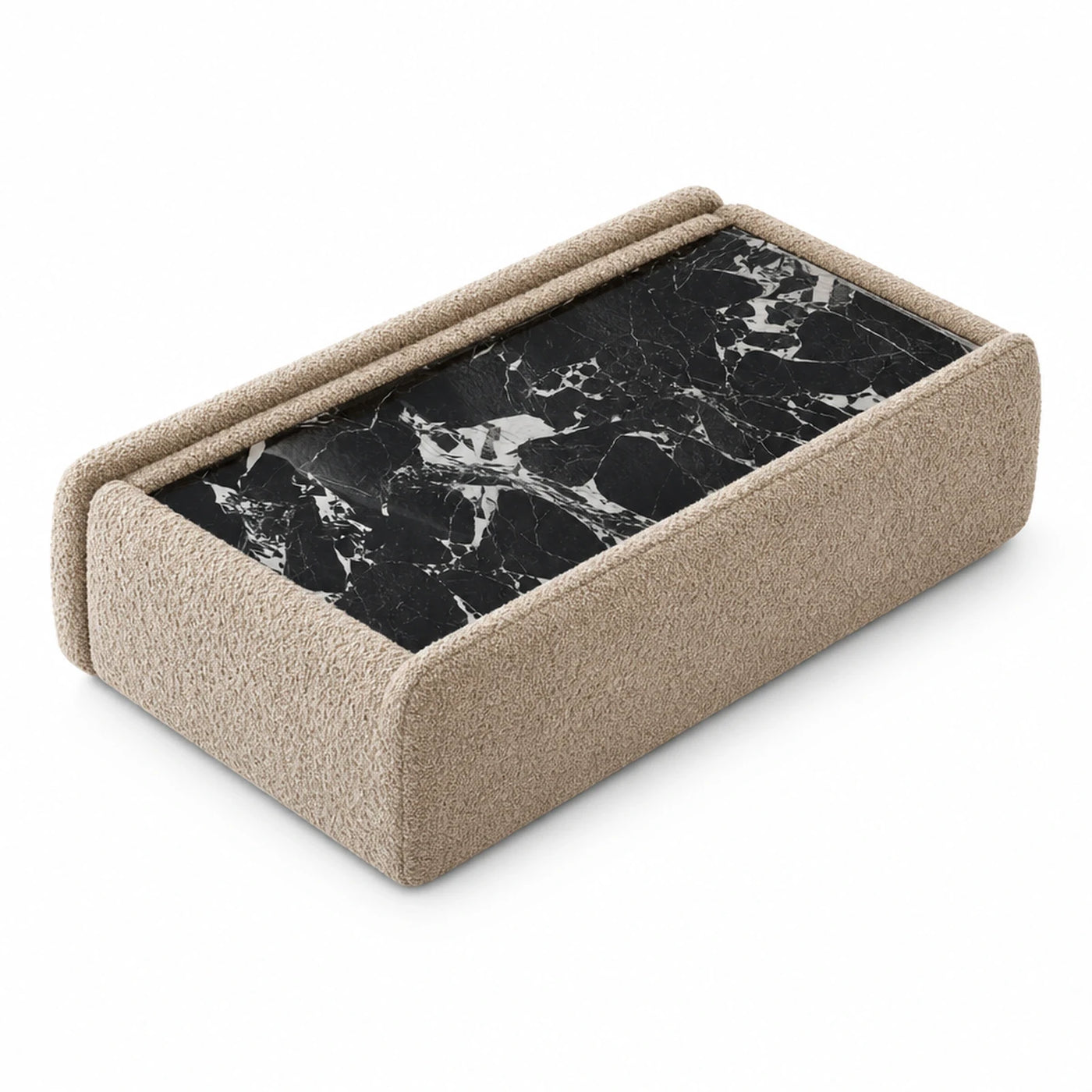 Beige Boucle Coffee Table with Black Marble Top