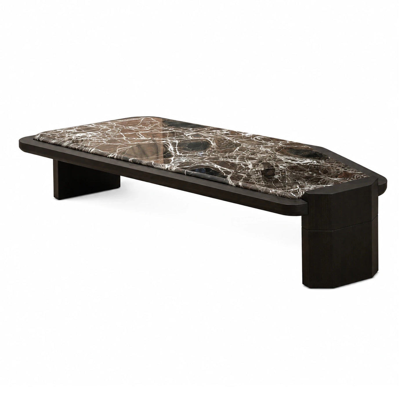 Wide Plank Dark Wood Bench with Brown Marble Top
