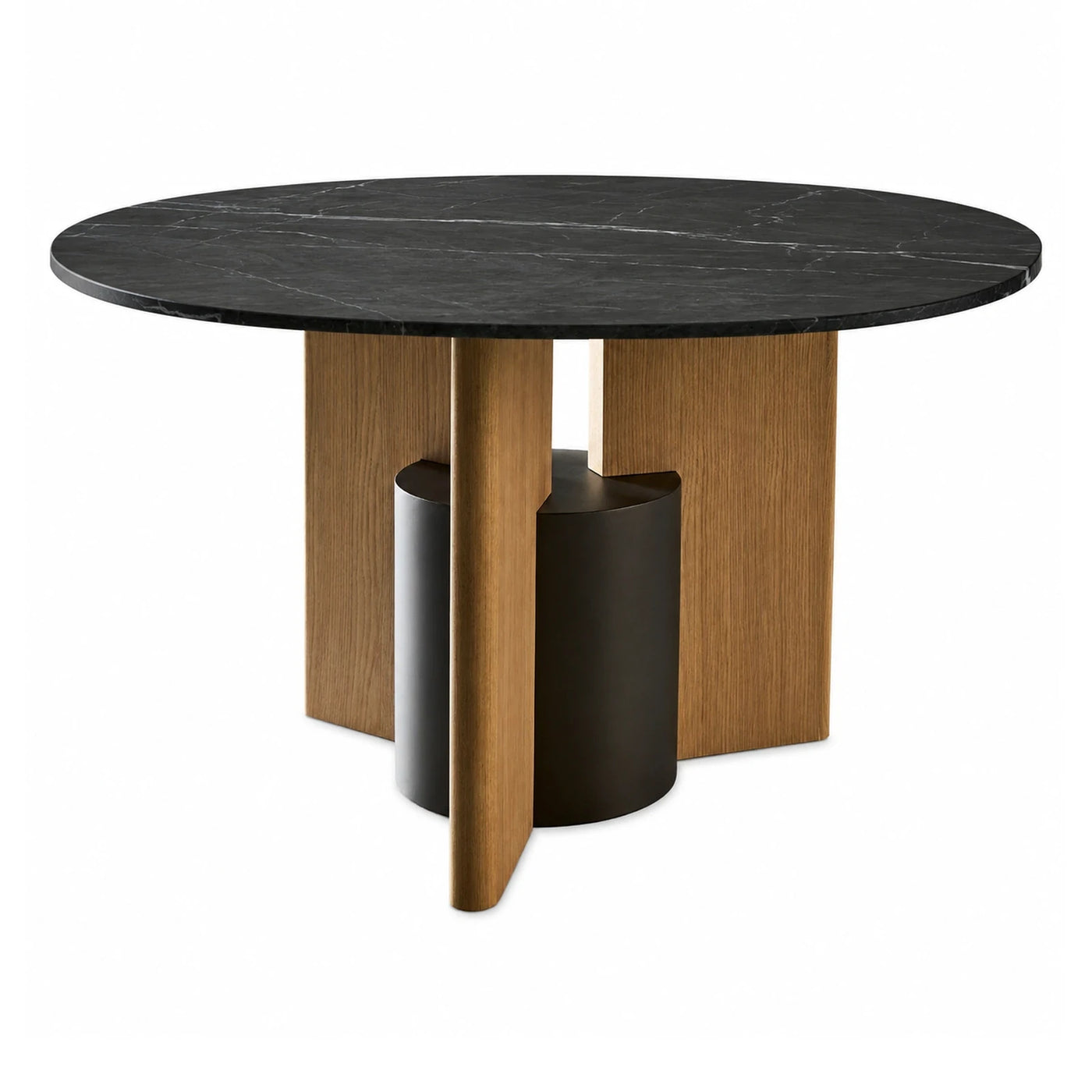 Round Black Marble Dining Table with Wood Base