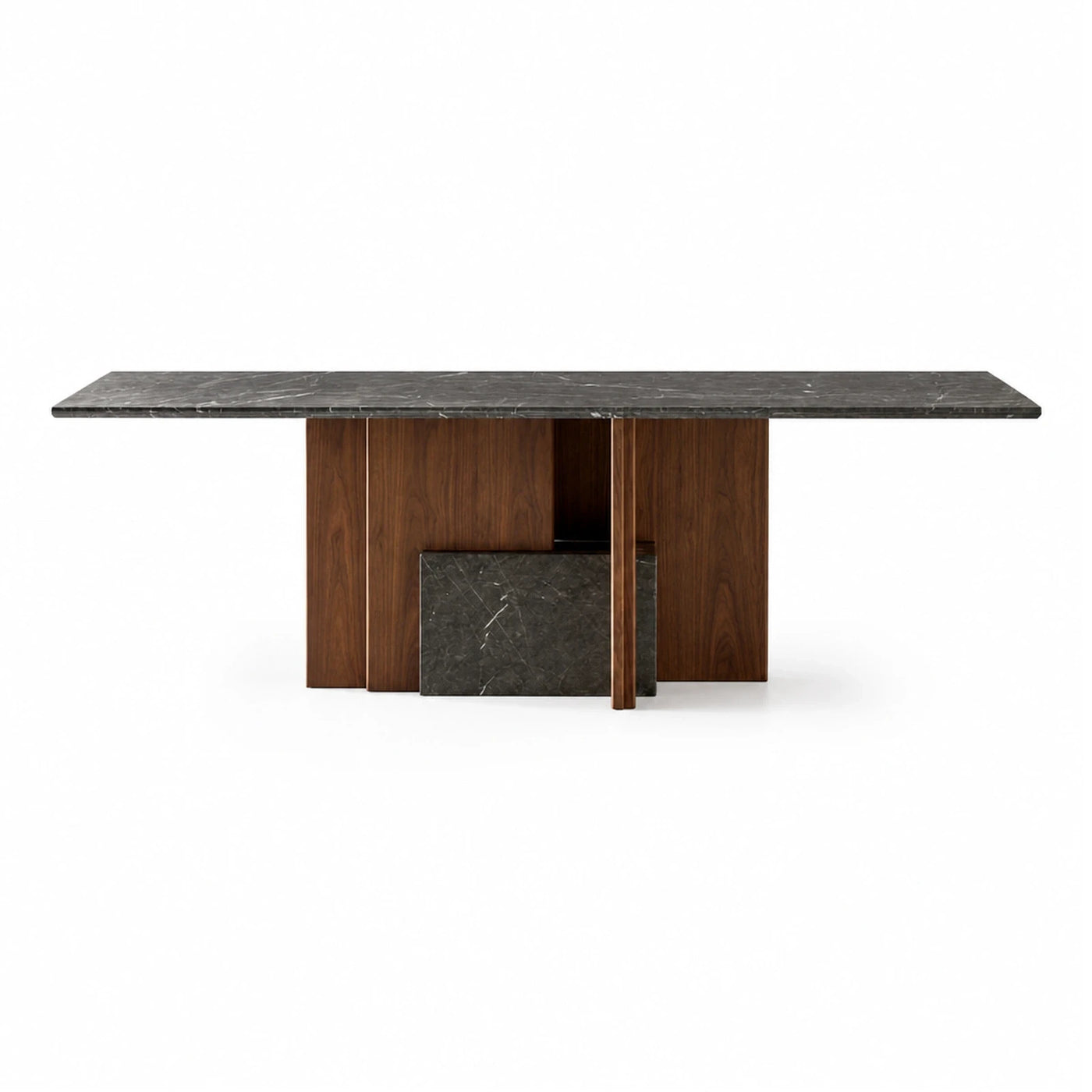 Dark Marble Top Dining Table with Walnut Wood Base