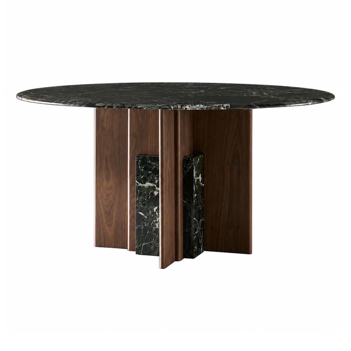 Round Black Marble Top Dining Table with Wood Base
