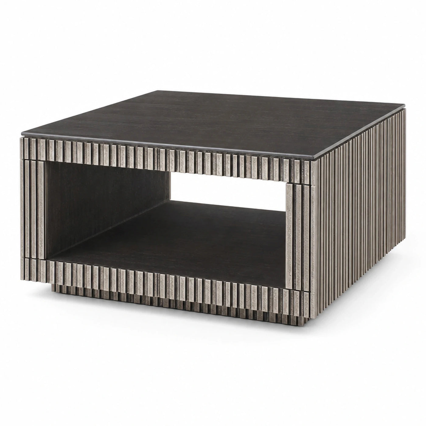 Dark Wood Fluted Coffee Table with Open Shelf