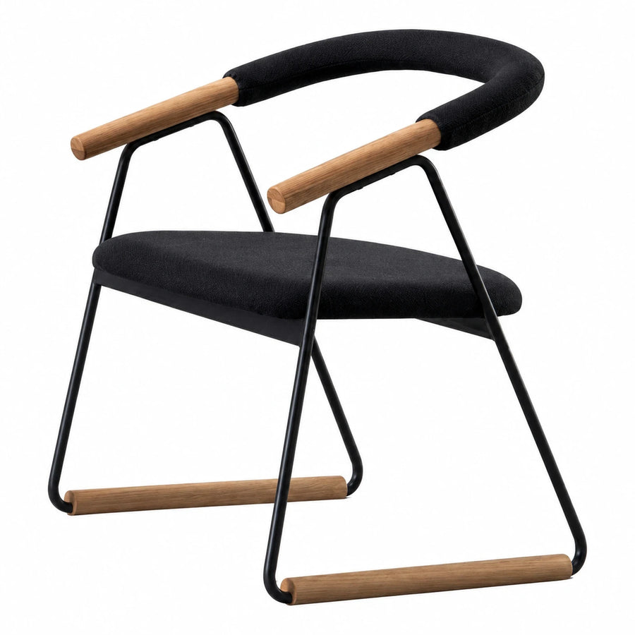 Wide Plank Black Fabric Armchair with Wood Accents