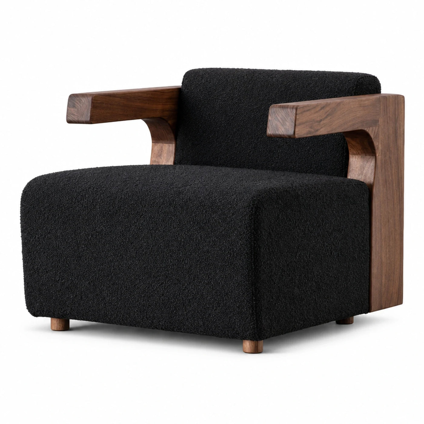 Linear Black Boucle Armchair with Walnut Wood Frame