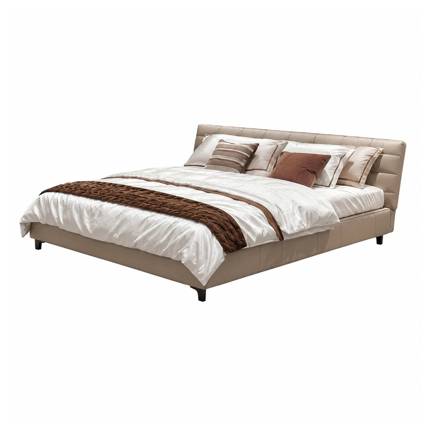 Leather Linear Beige Upholstered Platform Bed with Tufted Headboard Beds & Headboards