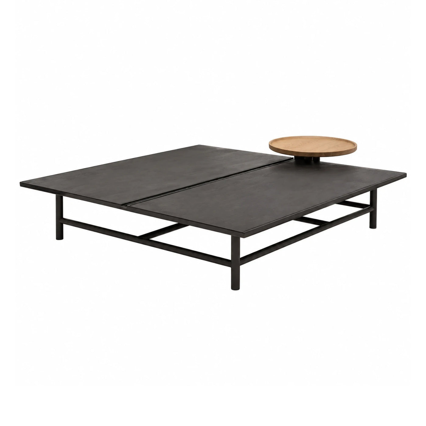 Black Rectangular Coffee Table with Wooden Tray