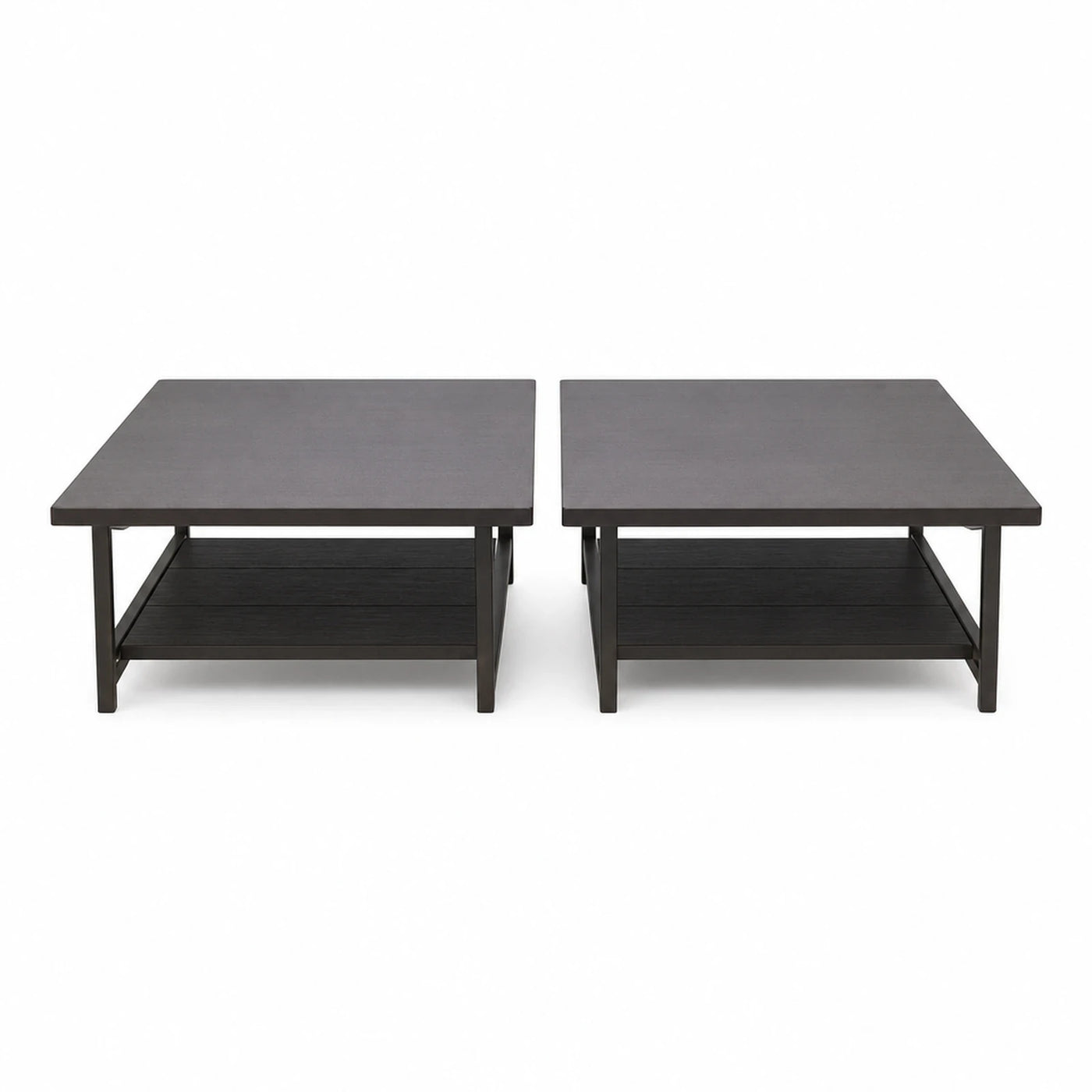 Set of Two Dark Wood Square Coffee Tables with Lower Shelf