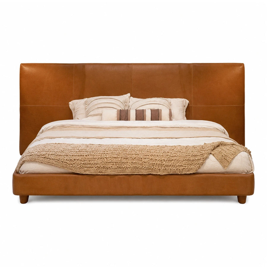 Brown Leather Upholstered Platform Bed with Tall Headboard