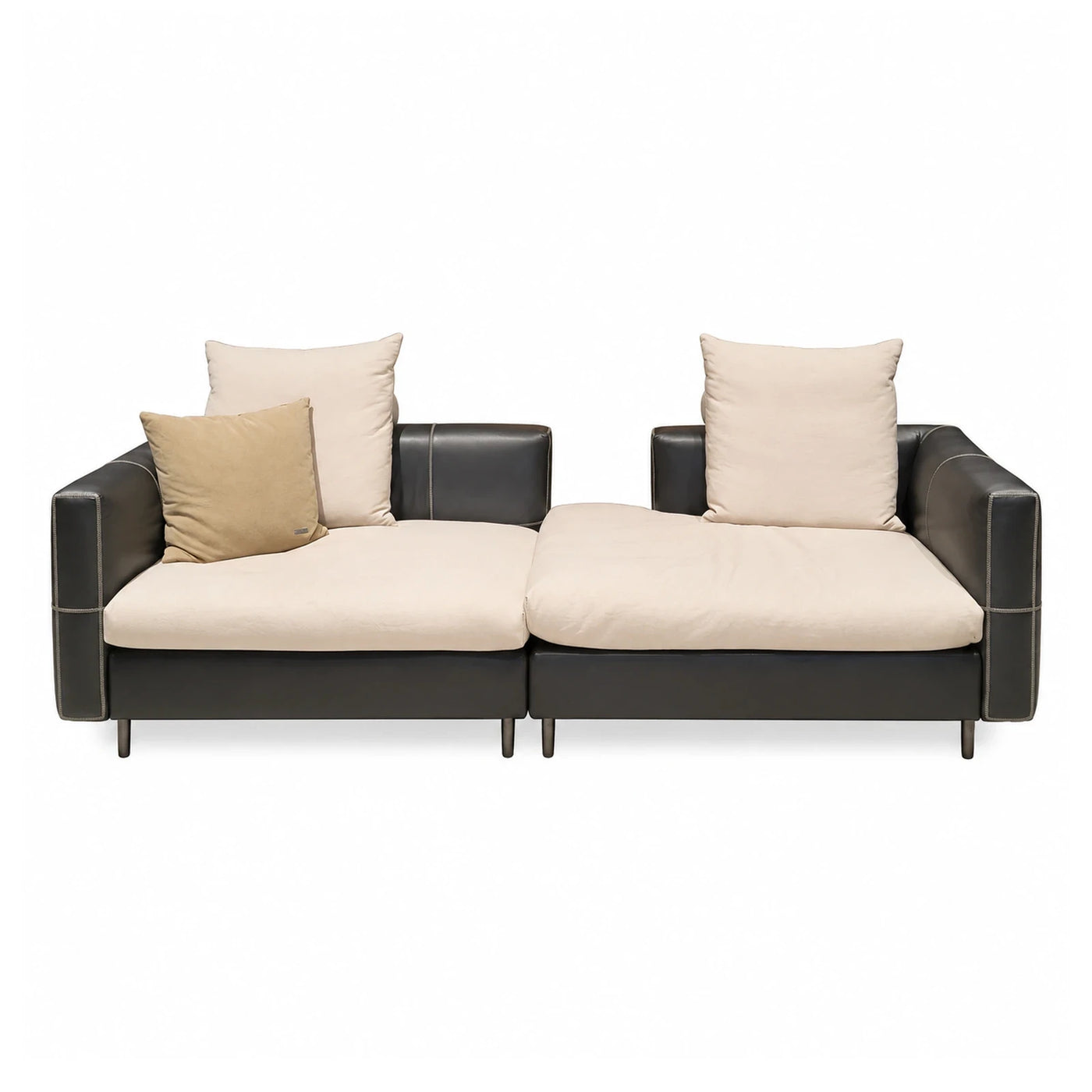 Modular Two-Seat Sofa with Leather Frame and Cream Cushions