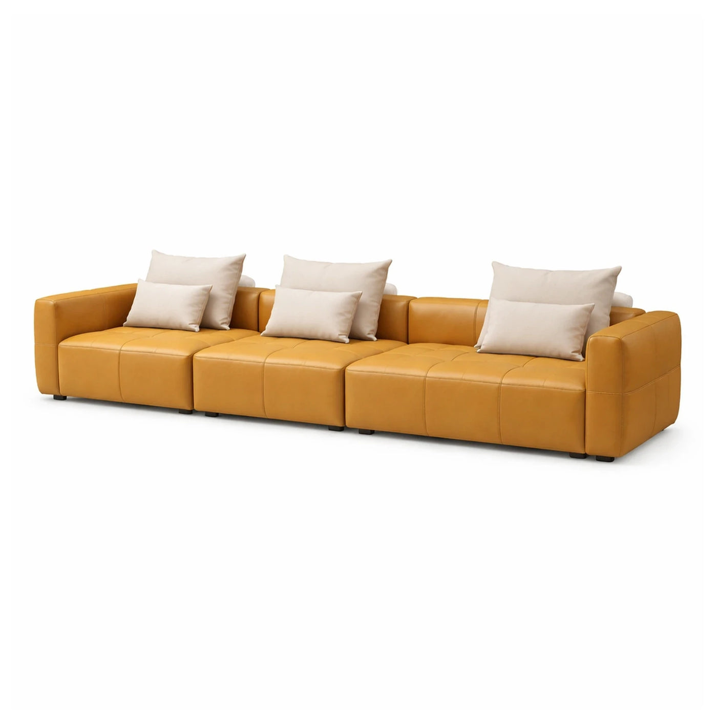 Yellow Leather Modular Sectional Sofa with Cream Pillows