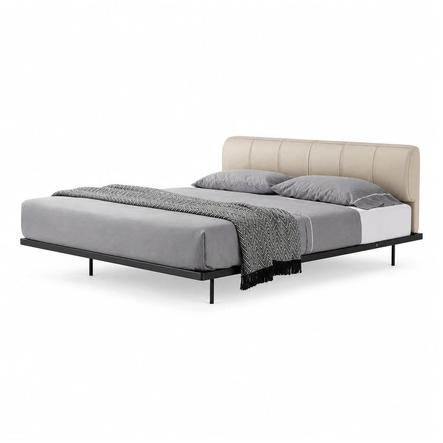 Modern Beige Upholstered Platform Bed with Black Metal Frame