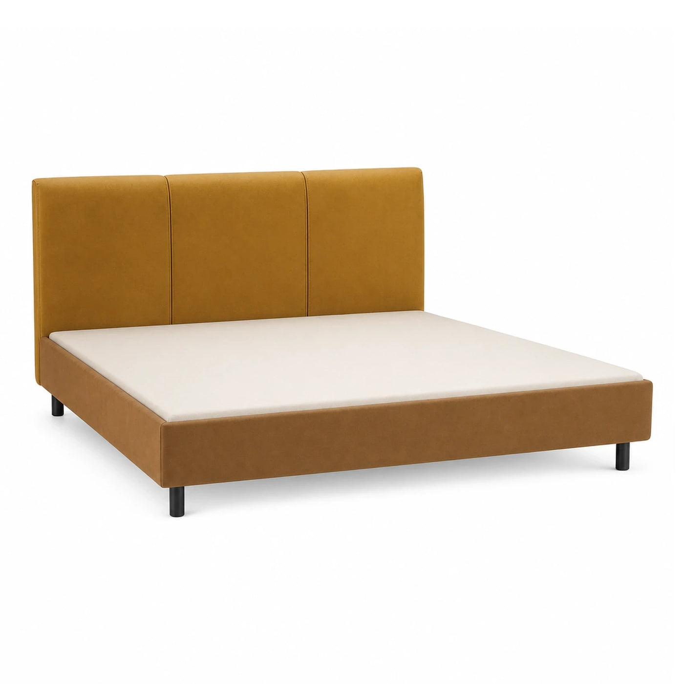 Mustard Yellow Upholstered Platform Bed with Three-Panel Headboard