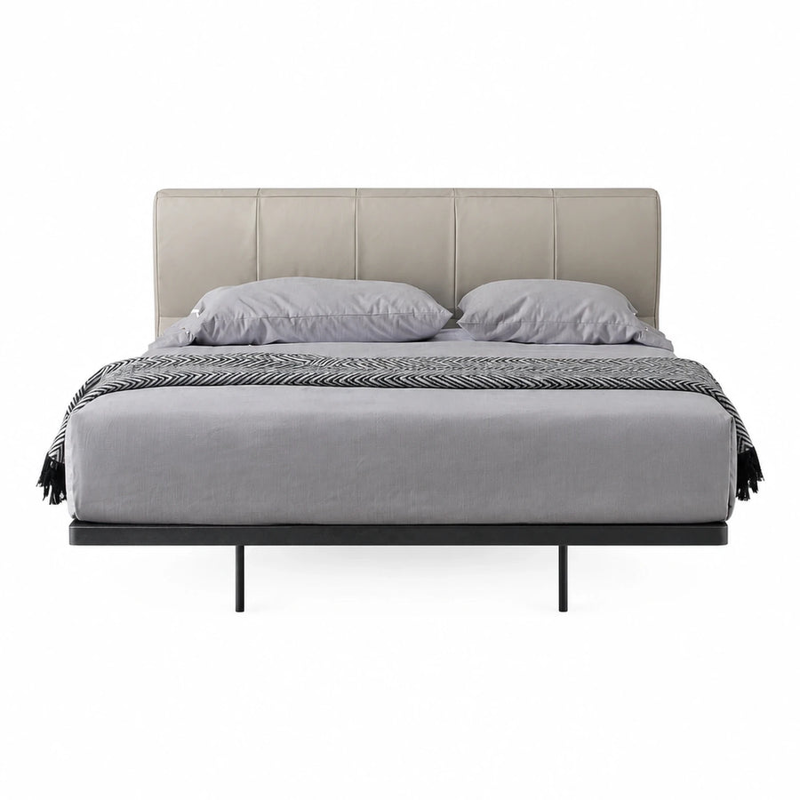 Modern Beige Upholstered Platform Bed with Black Metal Base