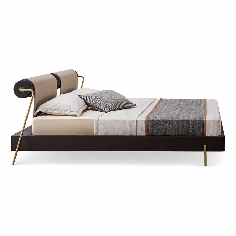 Modern Platform Bed with Brass Accents and Upholstered Headboard