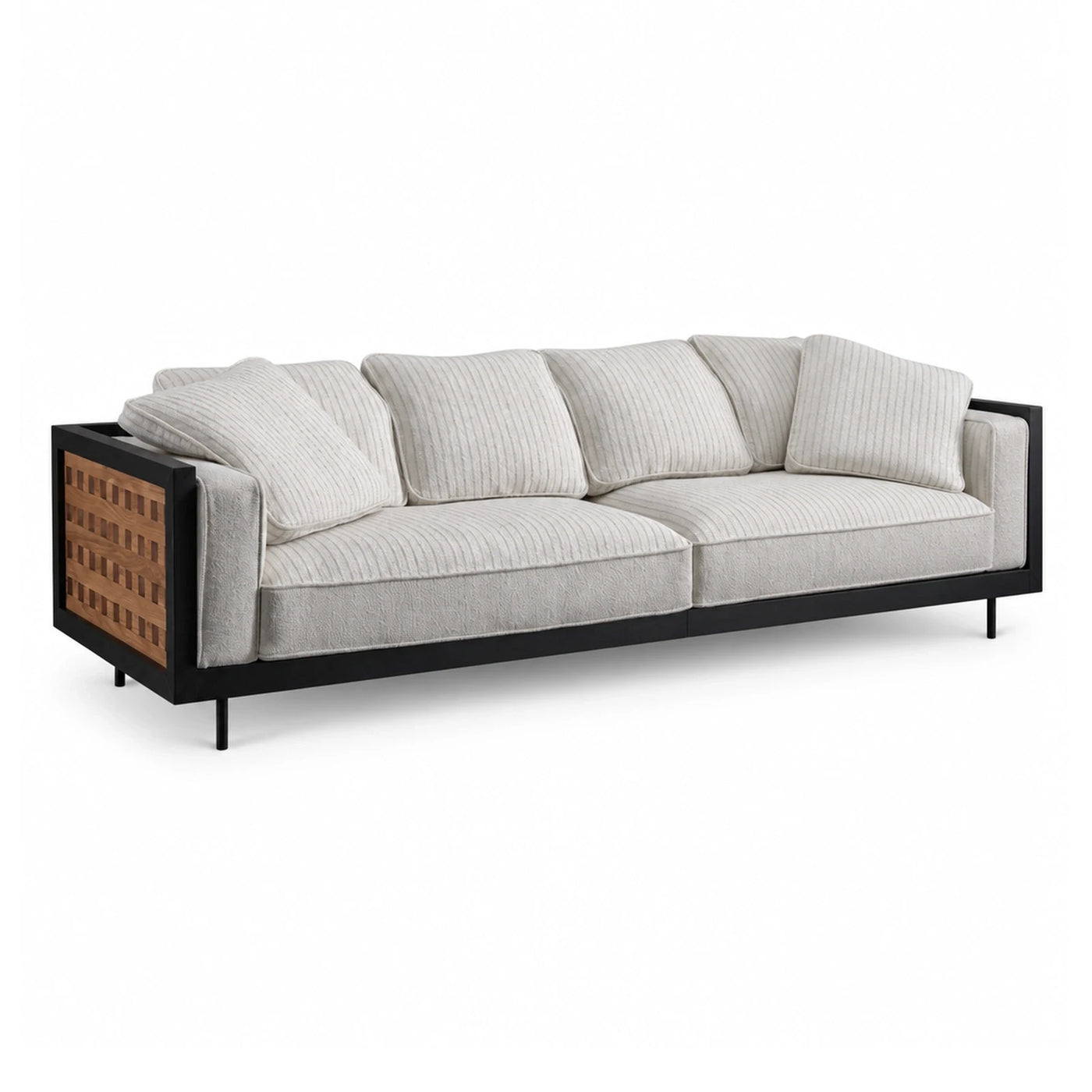 Modern Beige Fabric Sofa with Wood Panel Detail