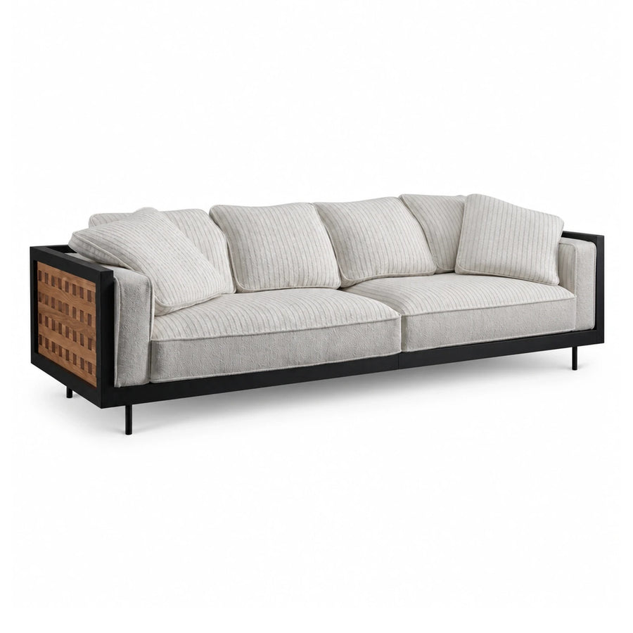 Modern Beige Fabric Sofa with Wood Panel Detail