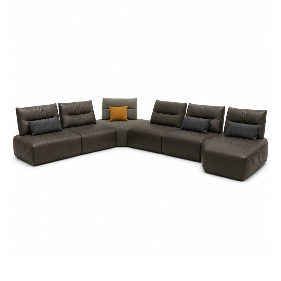 Modular Brown Leather Sectional Sofa with Corner Unit