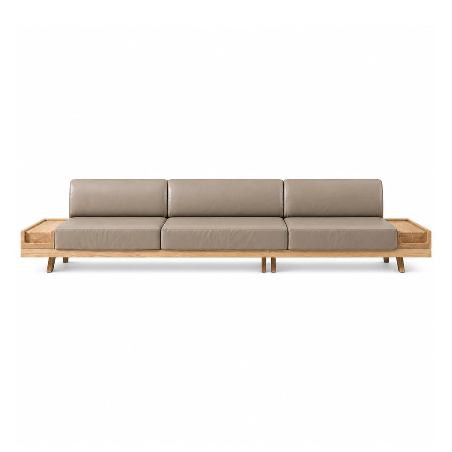 Three-Seat Leather Sofa with Wooden Side Tables