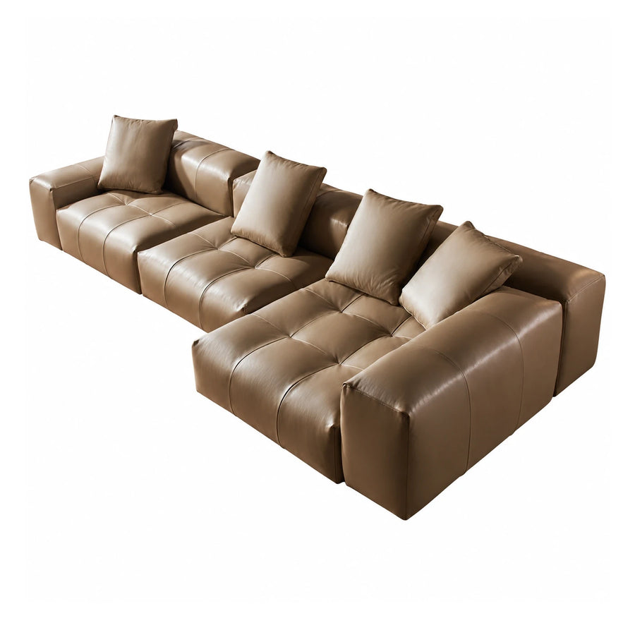 Modular Brown Leather Sectional Sofa with Pillows