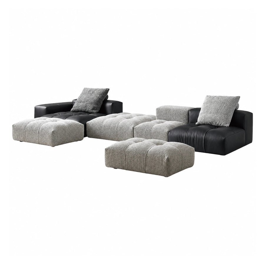 Modular Sectional Sofa with Black Leather and Grey Boucle