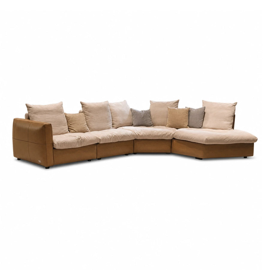 Modular Curved Sectional Sofa with Leather Base and Fabric Cushions
