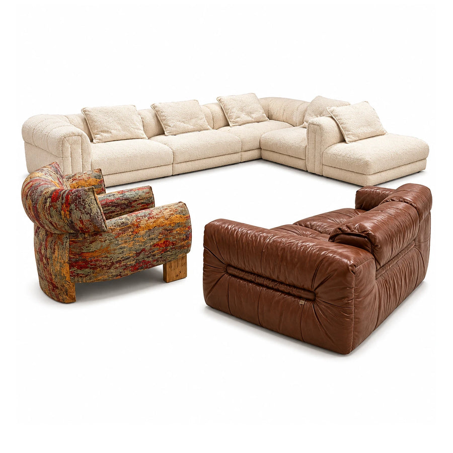 Modular Sectional Sofa Set with Leather and Fabric Armchairs