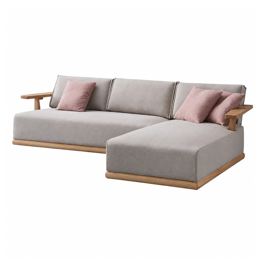 Light Grey Fabric Sectional Sofa with Wooden Base