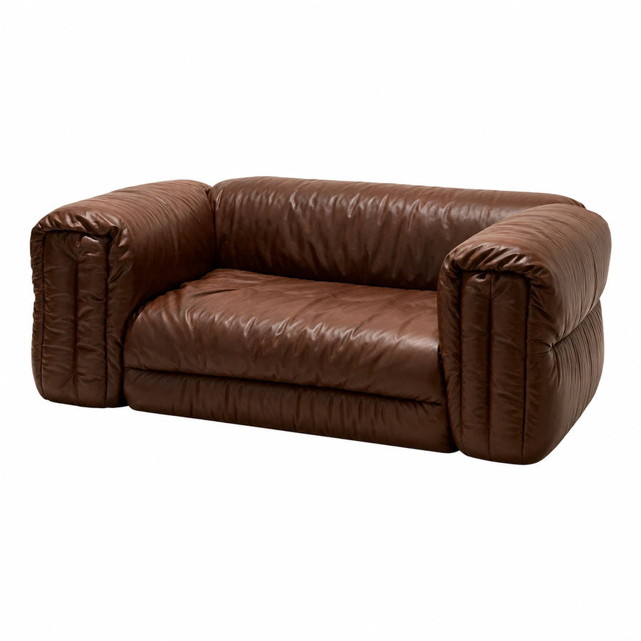Brown Leather Puffy Two-Seater Sofa