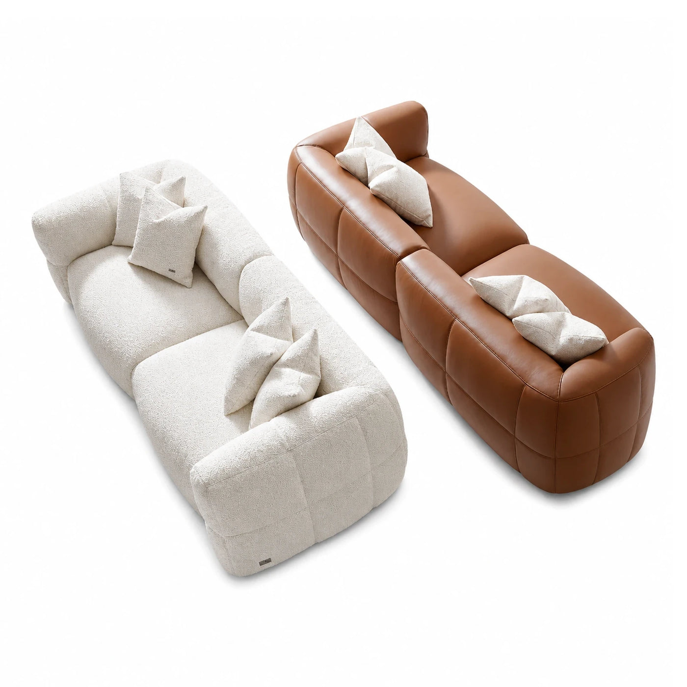 Modular Sofa Set in Cream Boucle and Brown Leather