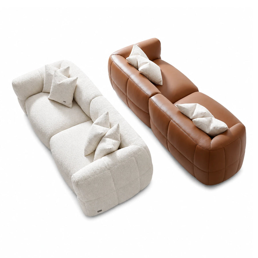 Modular Sofa Set in Cream Boucle and Brown Leather
