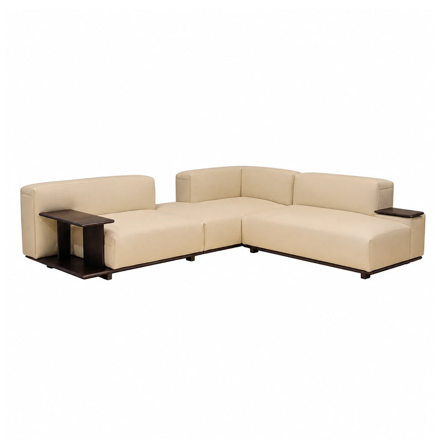 Cream Leather L-Shaped Sectional Sofa with Dark Wood Side Tables