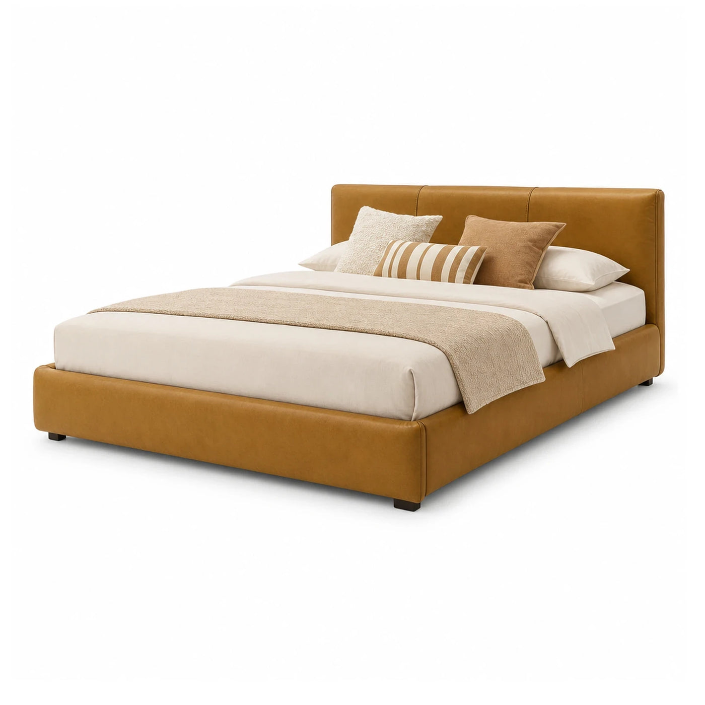 Modern Upholstered Platform Bed in Tan Leather