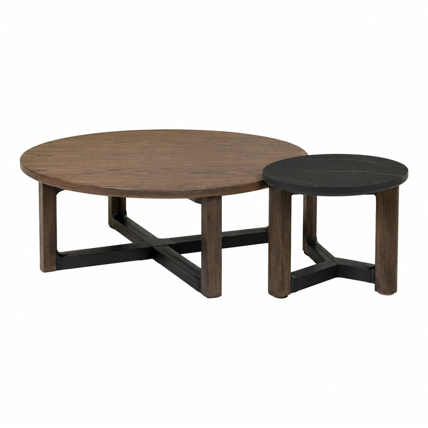 Round Nesting Coffee Table Set Wood Black Marble