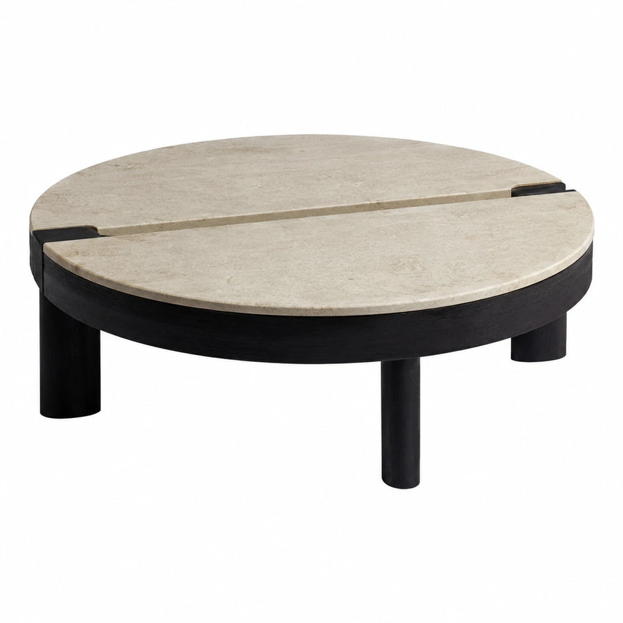 Round Marble Top Coffee Table with Black Wood Base