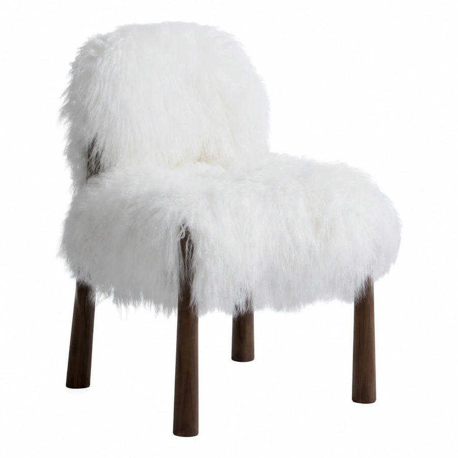 White Faux Fur Accent Chair with Dark Wood Legs