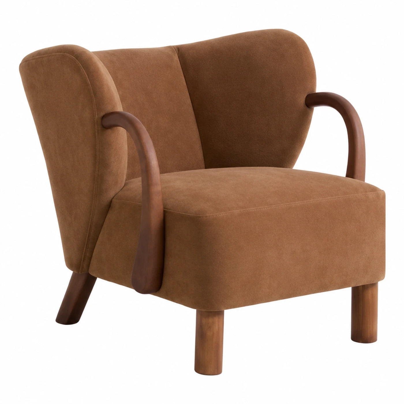 Brown Fabric Armchair with Curved Wooden Arms