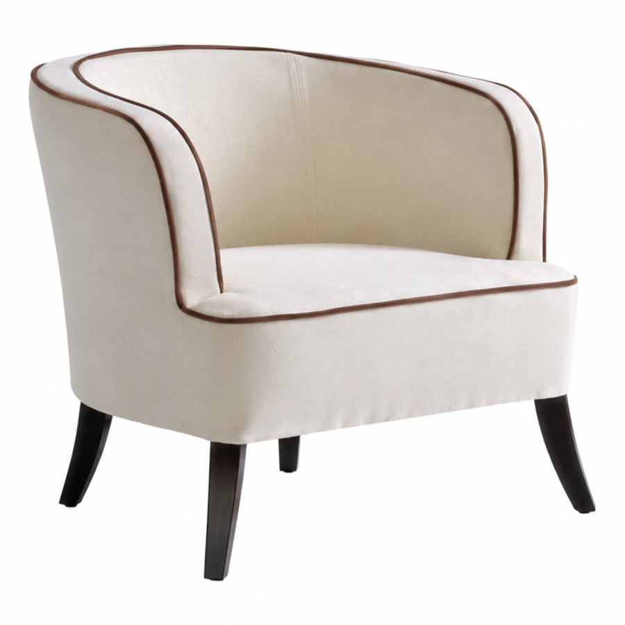 Cream Fabric Loveseat with Brown Piping and Dark Wood Legs